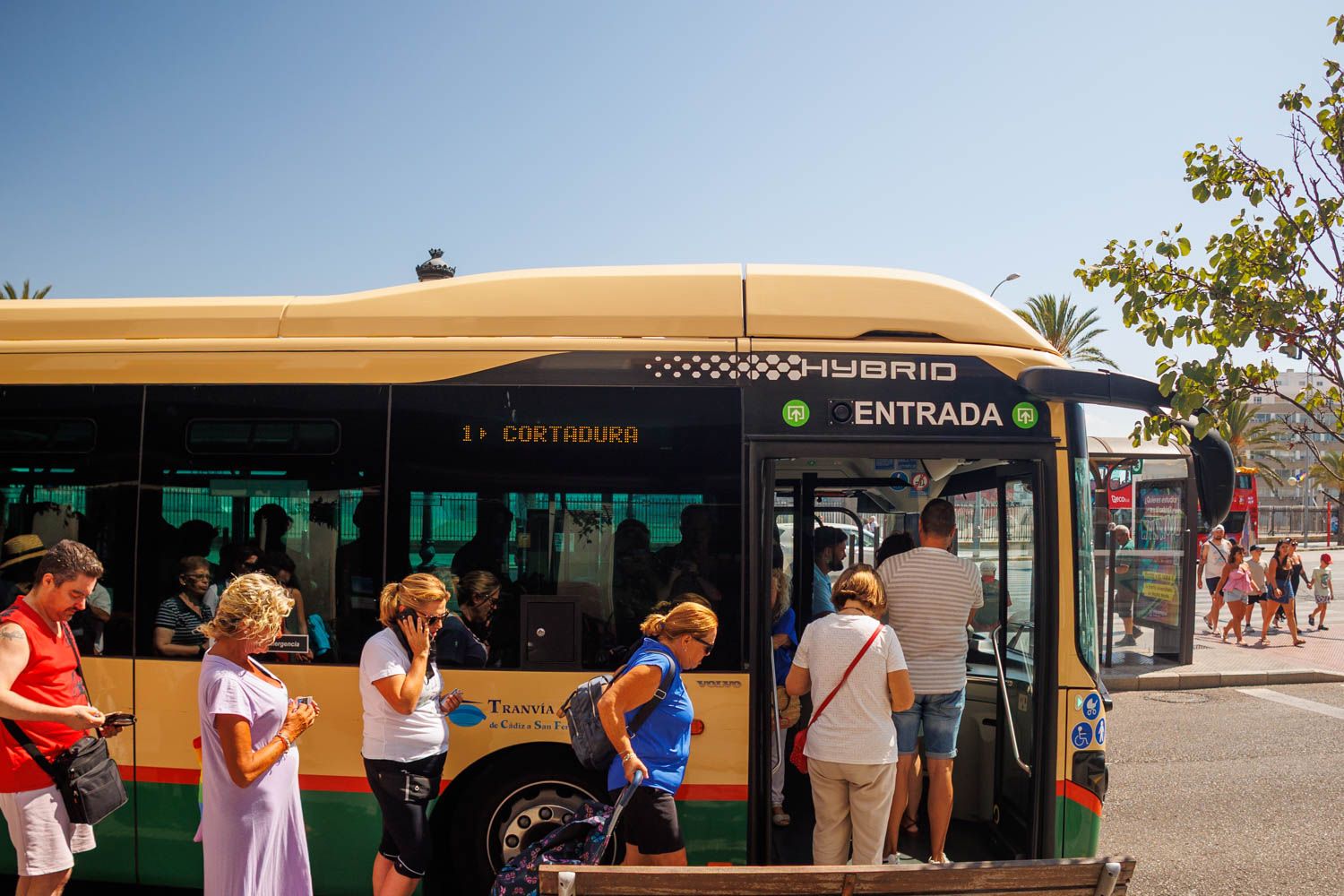 Usuarios acceden a un autobús en la parada de la avenida del Puerto de Cádiz. - MANU GARCÍA