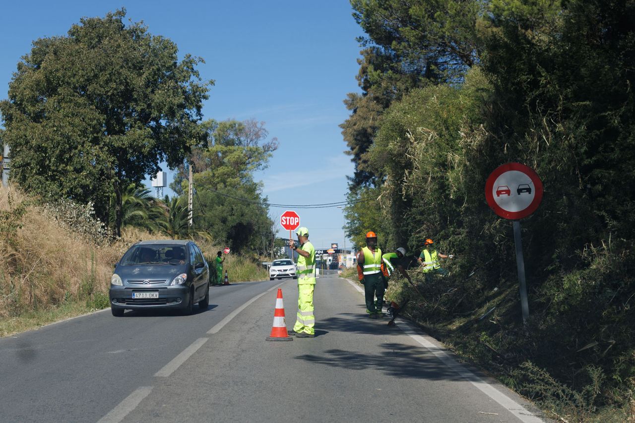 Trabajos de poda en la carretera A 2004, en la entrada a Jerez.