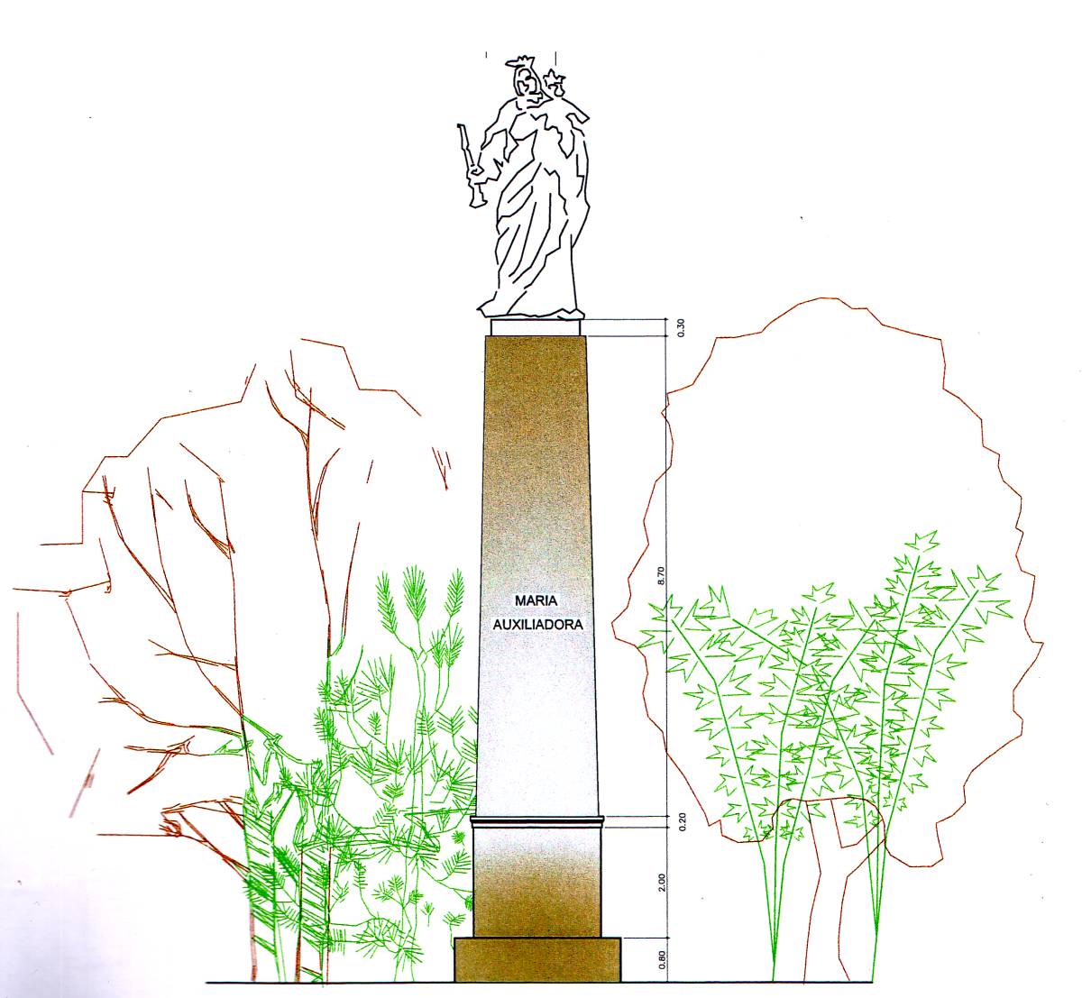 Diseño y cotas del pedestal del triunfo Mª Auxiliadora.