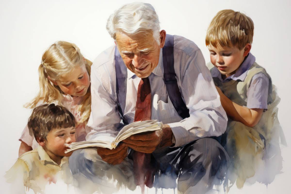 Un abuelo leyendo un libro a sus nietos. - 