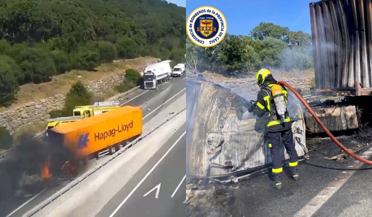 La A-381 Jerez-Los Barrios, aún con un carril cortado un día después del fuerte accidente (con incendio) de dos camiones