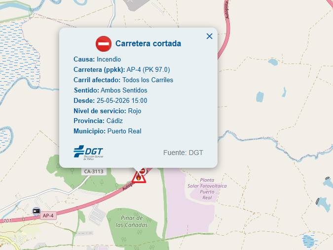Un incendio en la vegetación obliga a cortar el tráfico de la AP-4 entre Puerto Real y Jerez en ambas direcciones