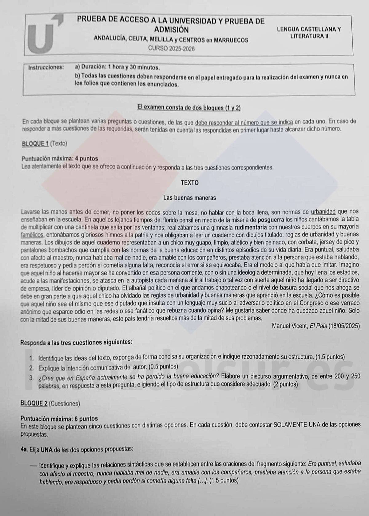 Lengua examen PAU Selectividad Andalucia junio 2026