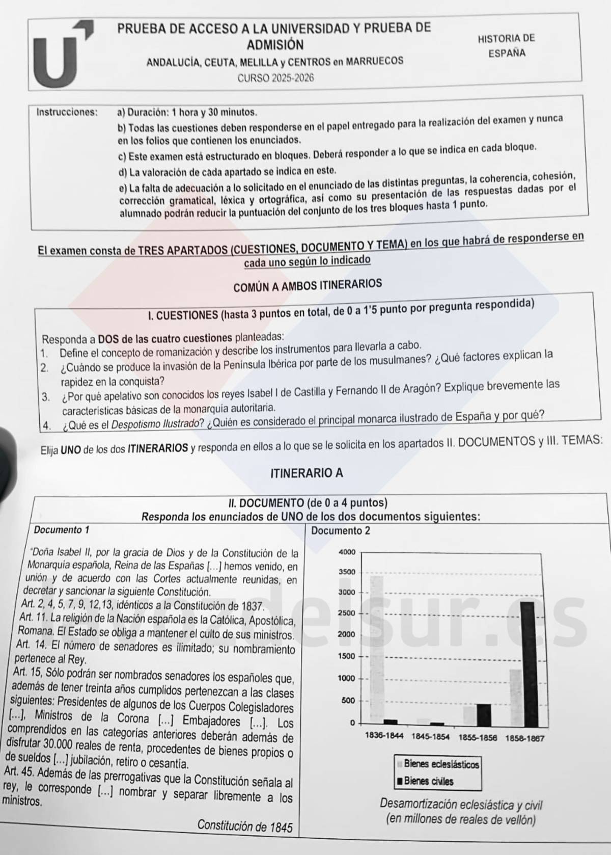 Examen de Historia de España en junio de 2026 en la PAU de Andalucía