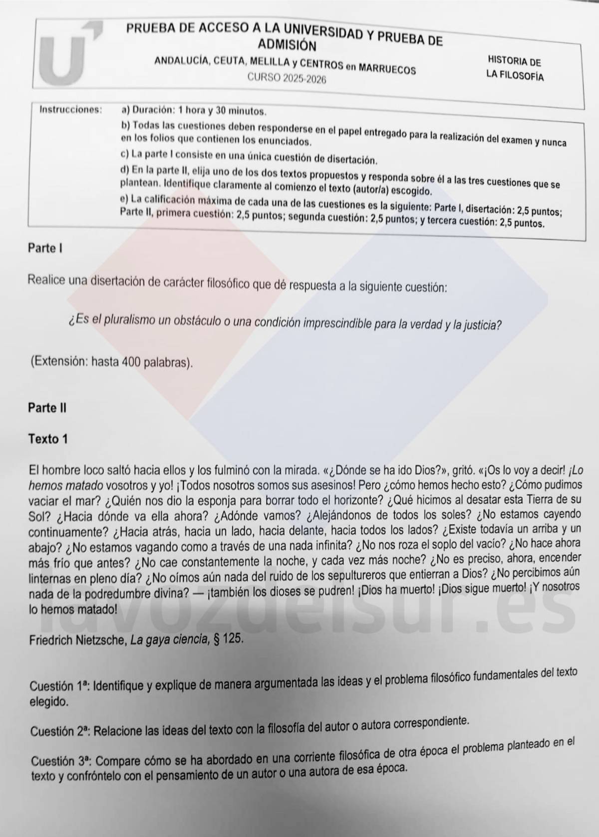 El examen de Historia de la Filosofía en la PAU de Andalucía en junio de 2026.
