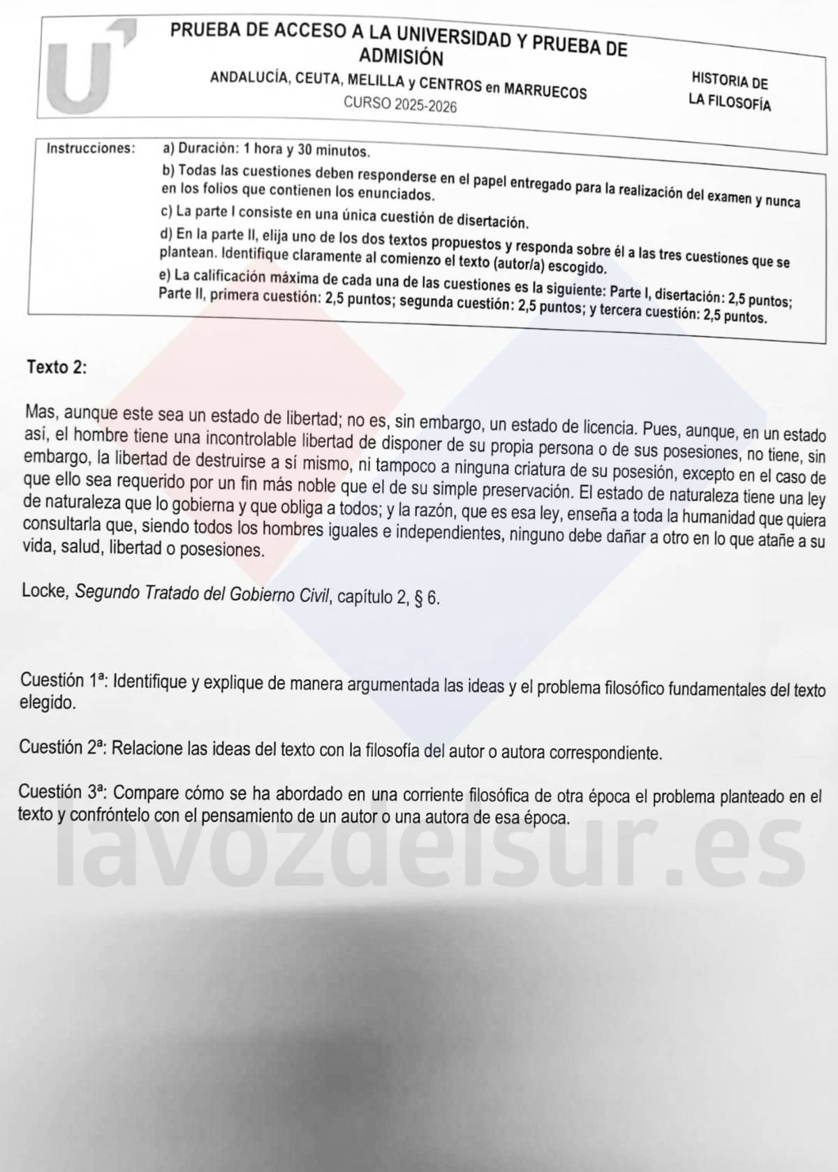 El examen de Historia de la Filosofía en la PAU de Andalucía en junio de 2026.