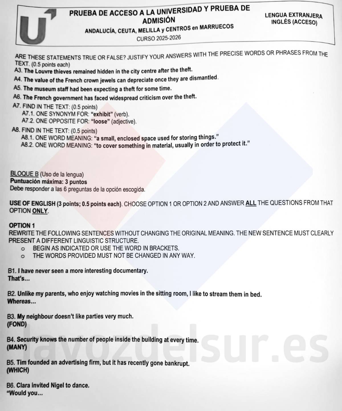 El examen de inglés en la PAU de junio de 2026 en Andalucía.