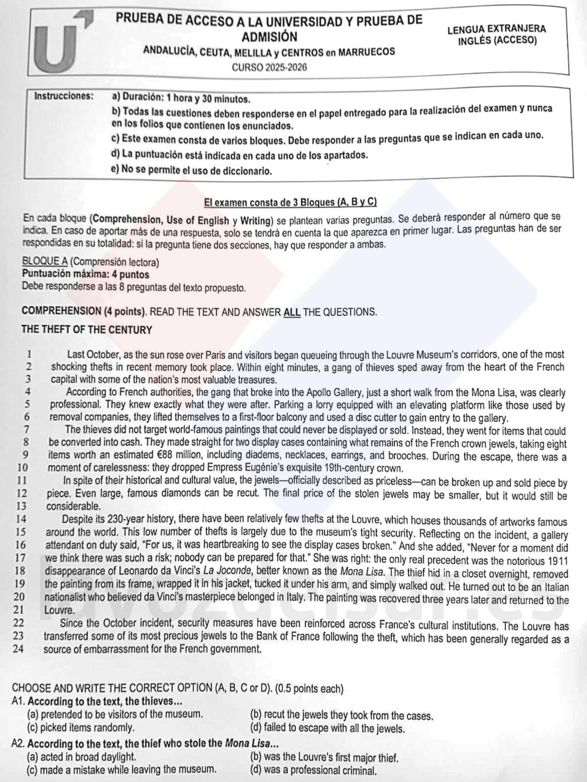 El examen de inglés en la PAU de junio de 2026 en Andalucía.