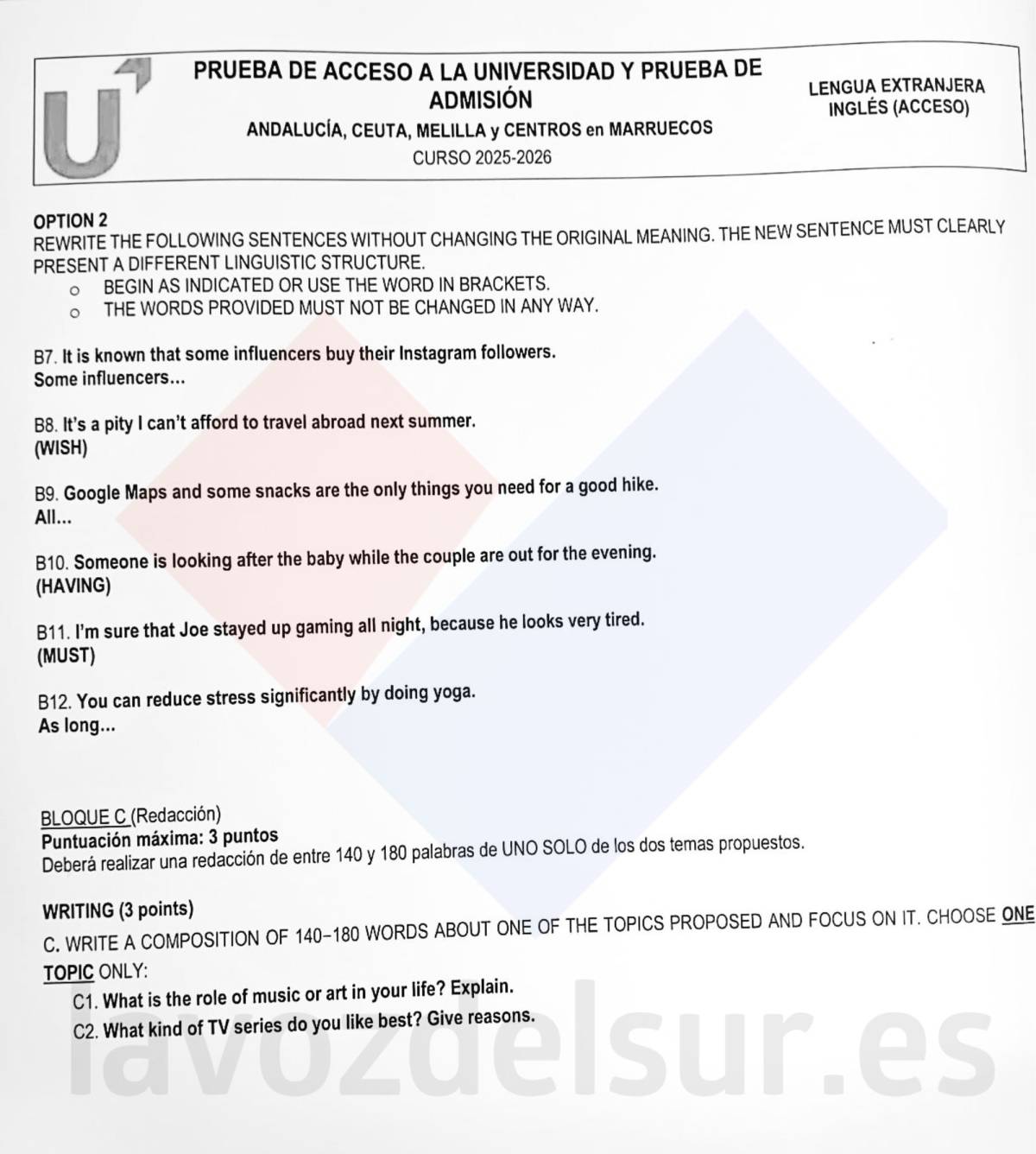 El examen de inglés en la PAU de junio de 2026 en Andalucía.