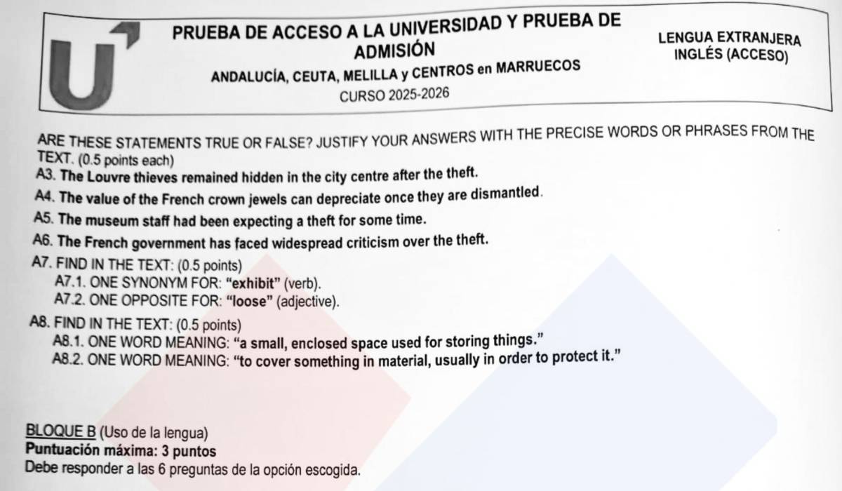 PAU junio 2026 Andalucía | Ya puedes consultar el examen de inglés completo: cae el robo en el Louvre