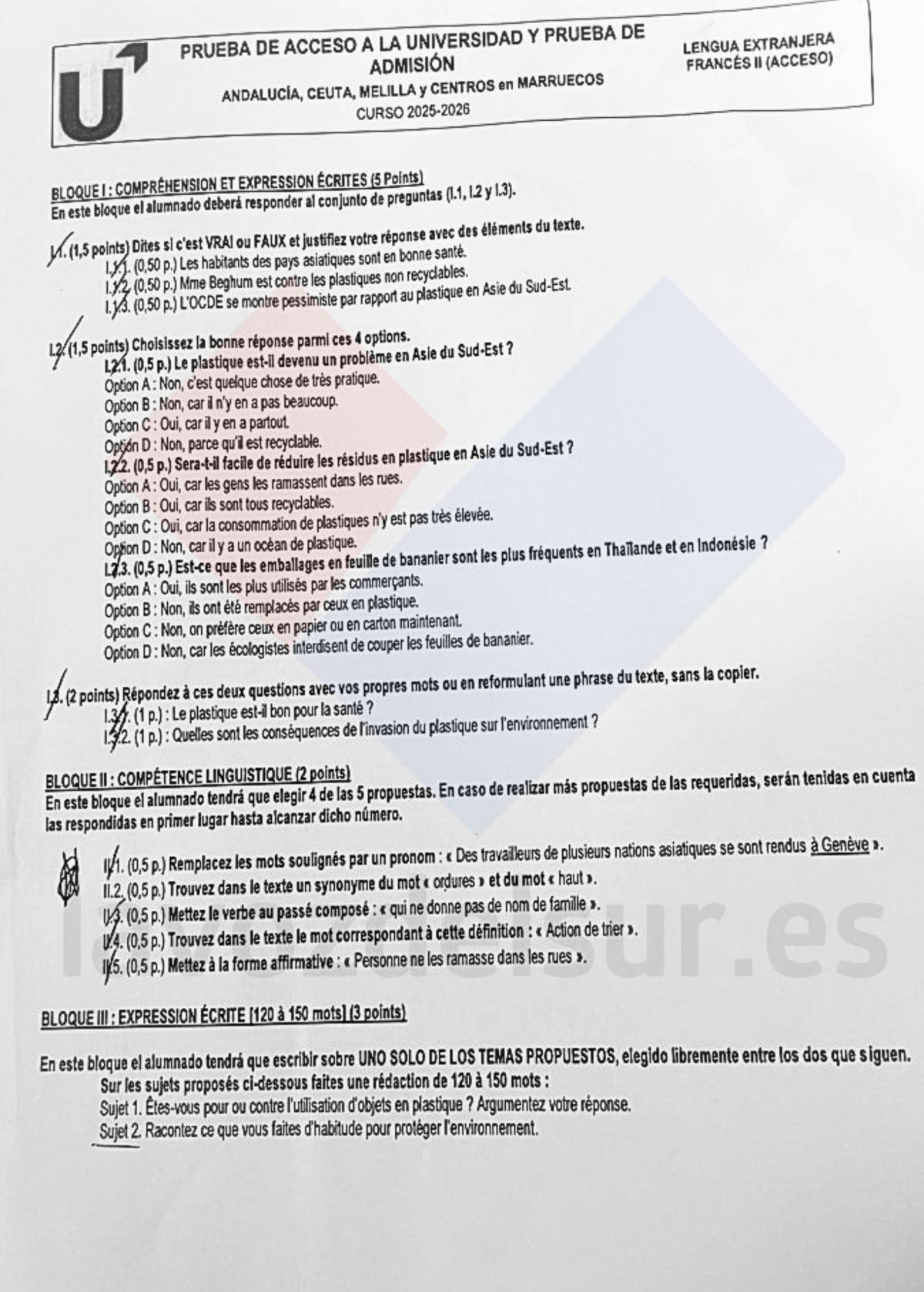 El examen de francés en la PAU de Andalucía