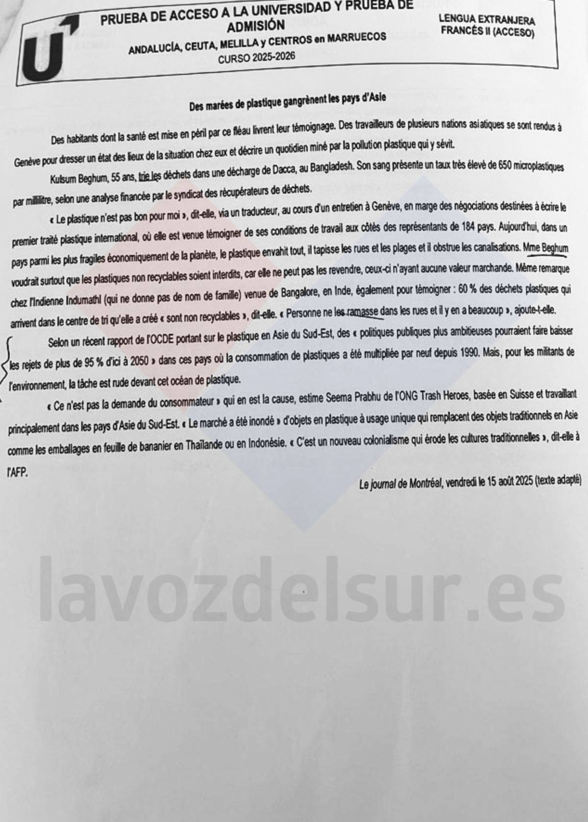 El examen de francés en la PAU de Andalucía