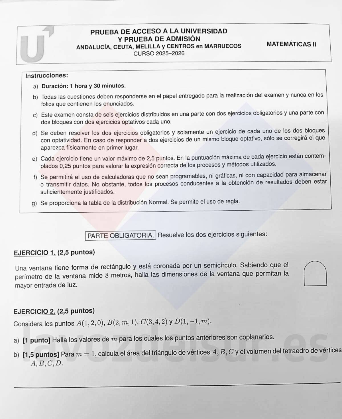 Examen de Matemáticas II PAU Andalucía junio 2026