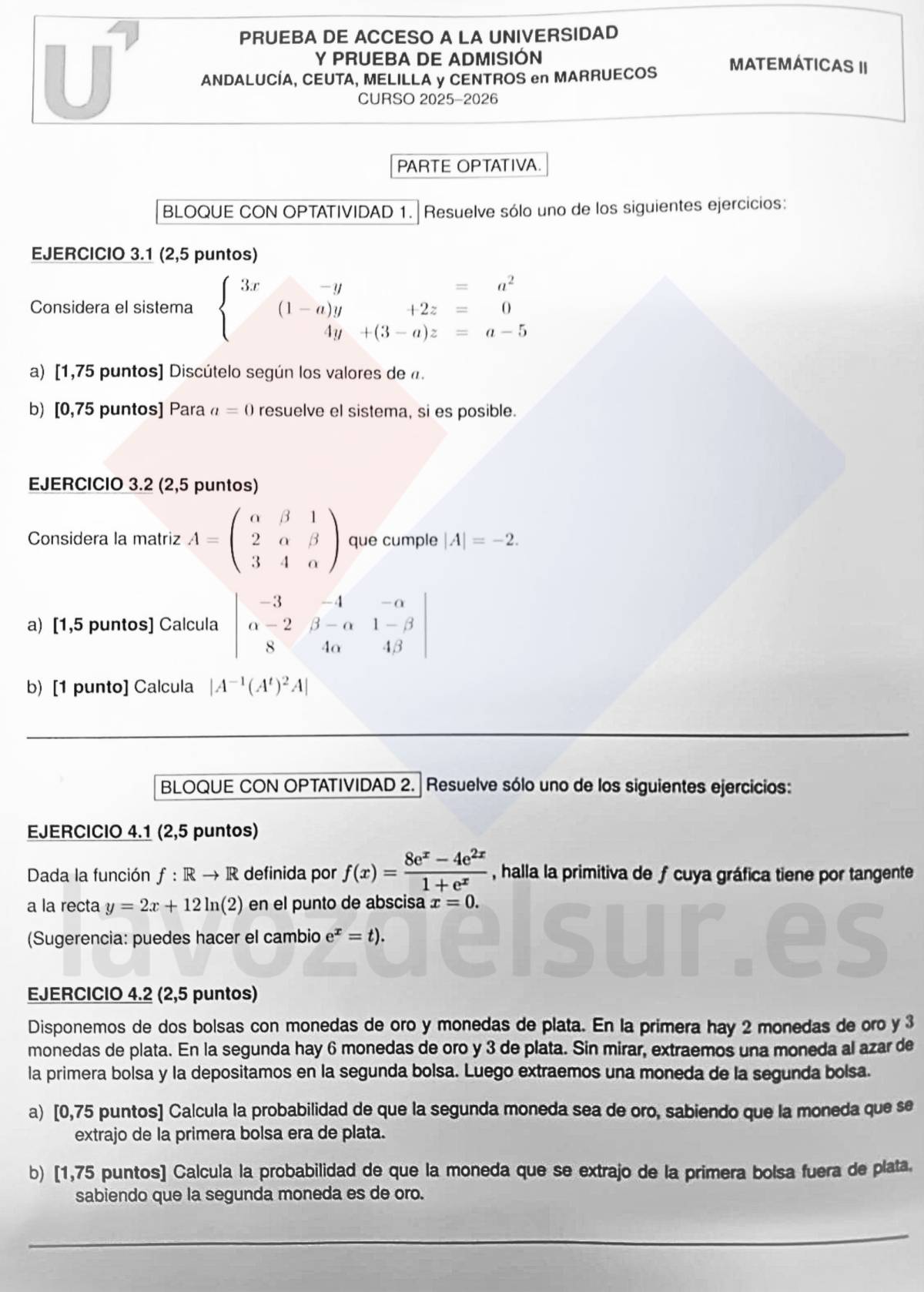 Examen de Matemáticas II PAU Andalucía junio 2026