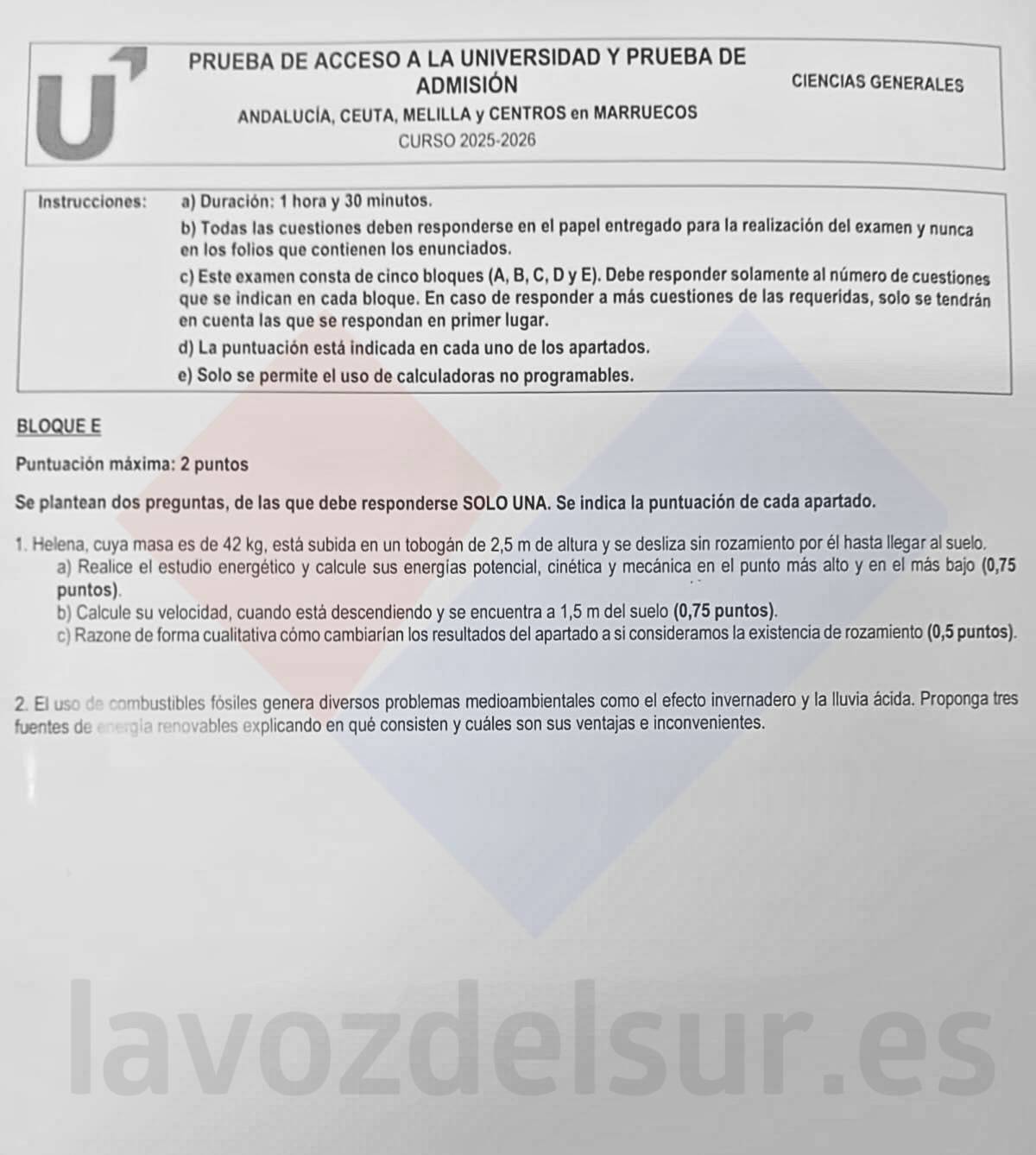 El examen de la PAU en junio de 2026 en Andalucía de Ciencias generales.