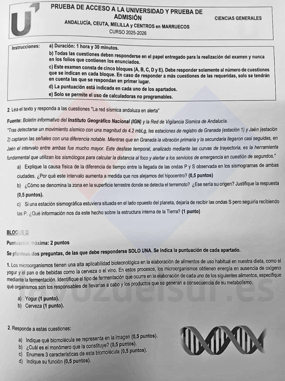 El examen de la PAU en junio de 2026 en Andalucía de Ciencias generales.