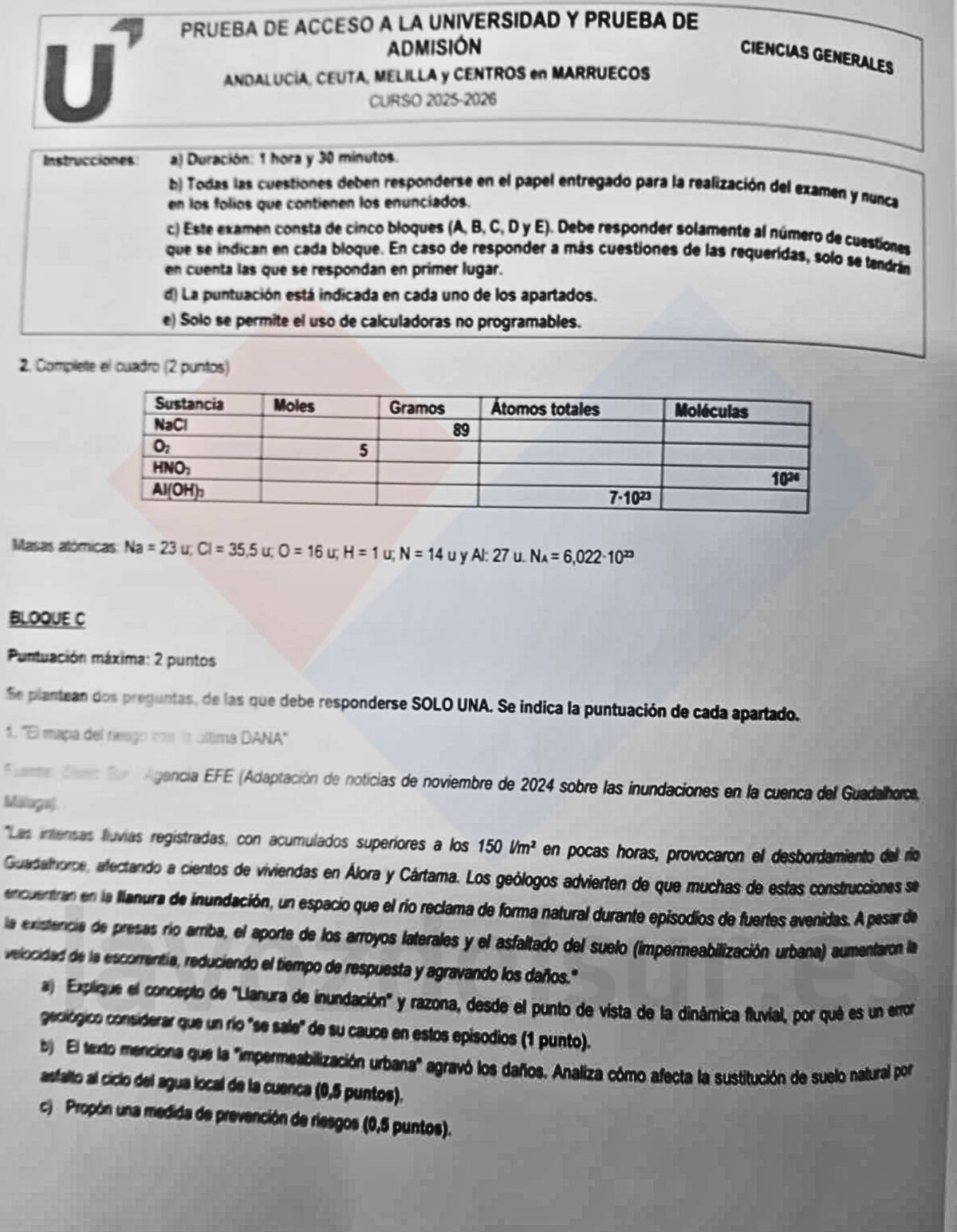 El examen de la PAU en junio de 2026 en Andalucía de Ciencias generales.
