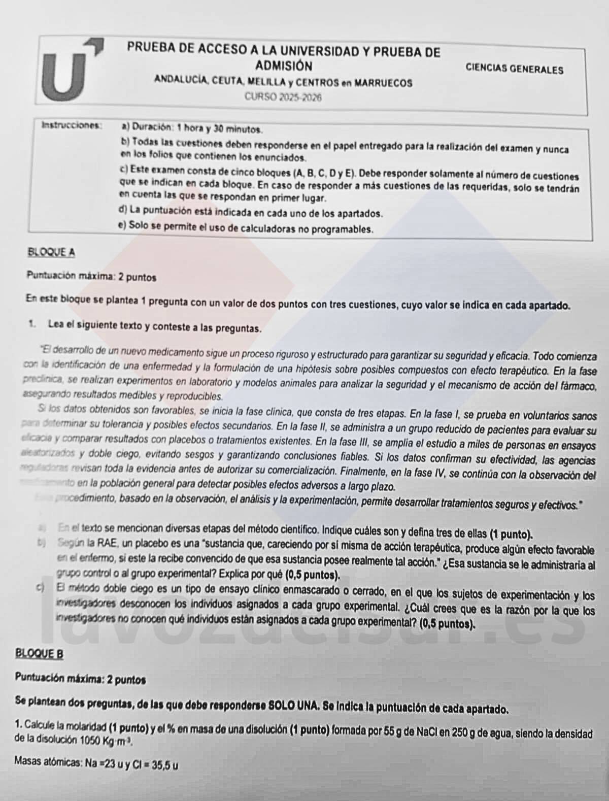 El examen de la PAU en junio de 2026 en Andalucía de Ciencias generales.