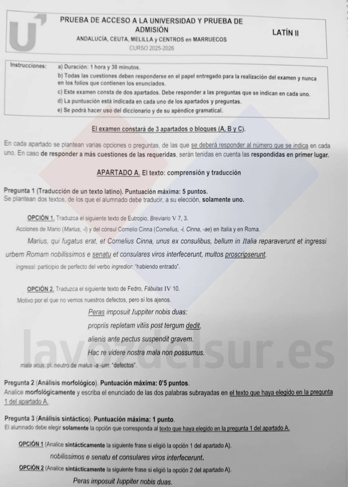 Hoja 1 del examen de Latín II en la PAU de Andalucía junio 2026.