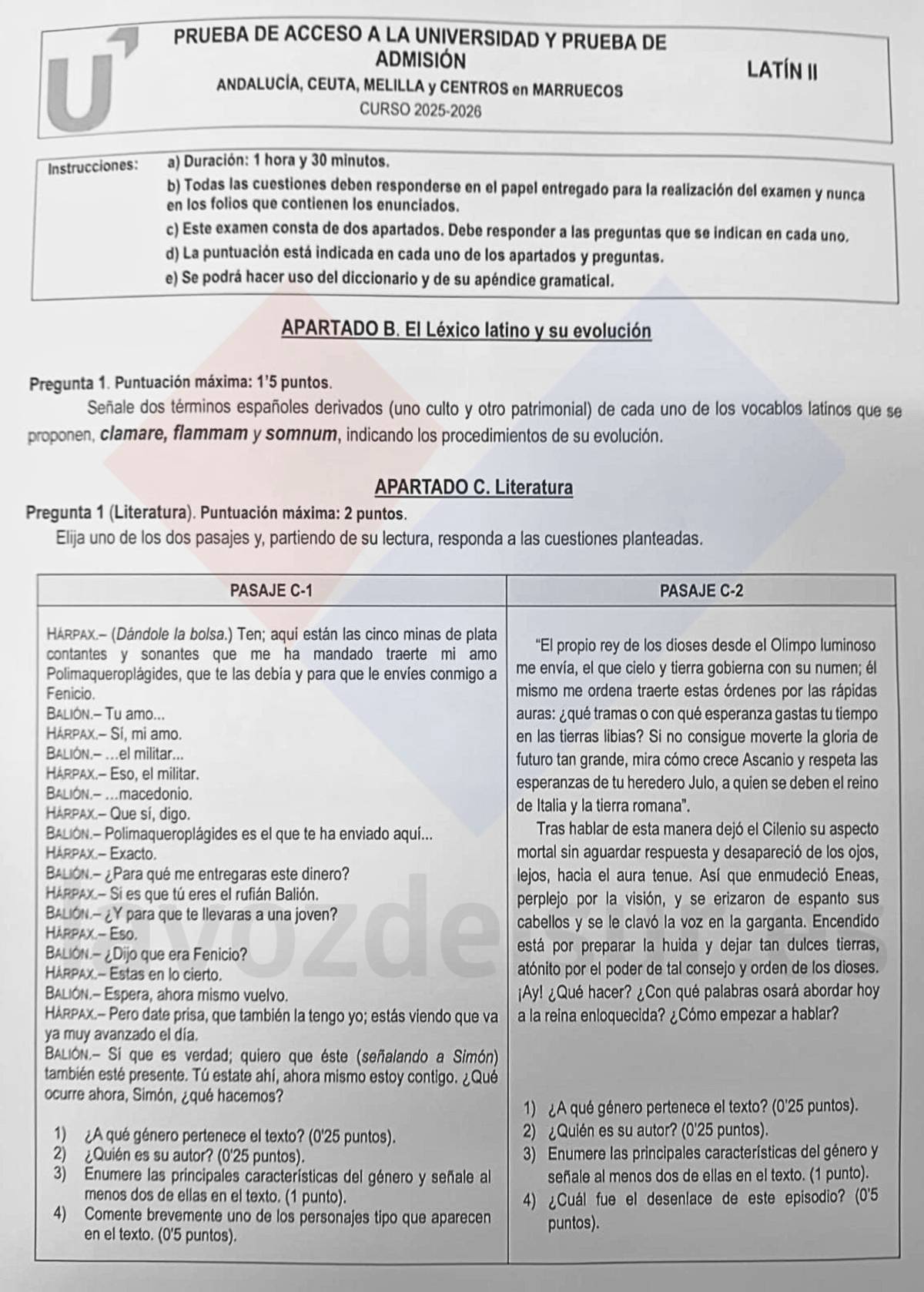 Hoja 1 del examen de Latín II en la PAU de Andalucía junio 2026.
