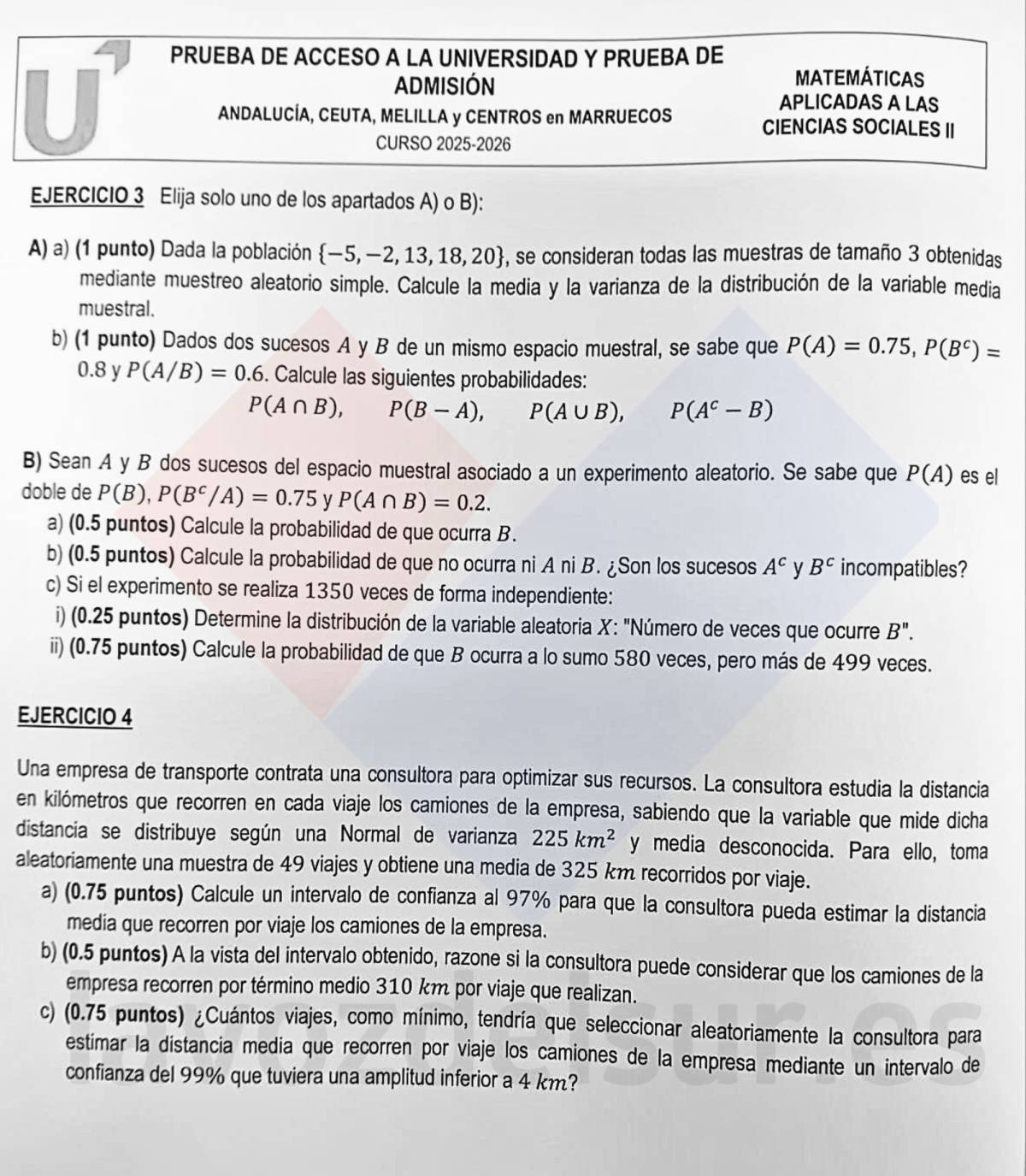 Examen de Matemáticas aplicadas a las ciencias sociales II de la PAU en Andalucía para junio de 2026