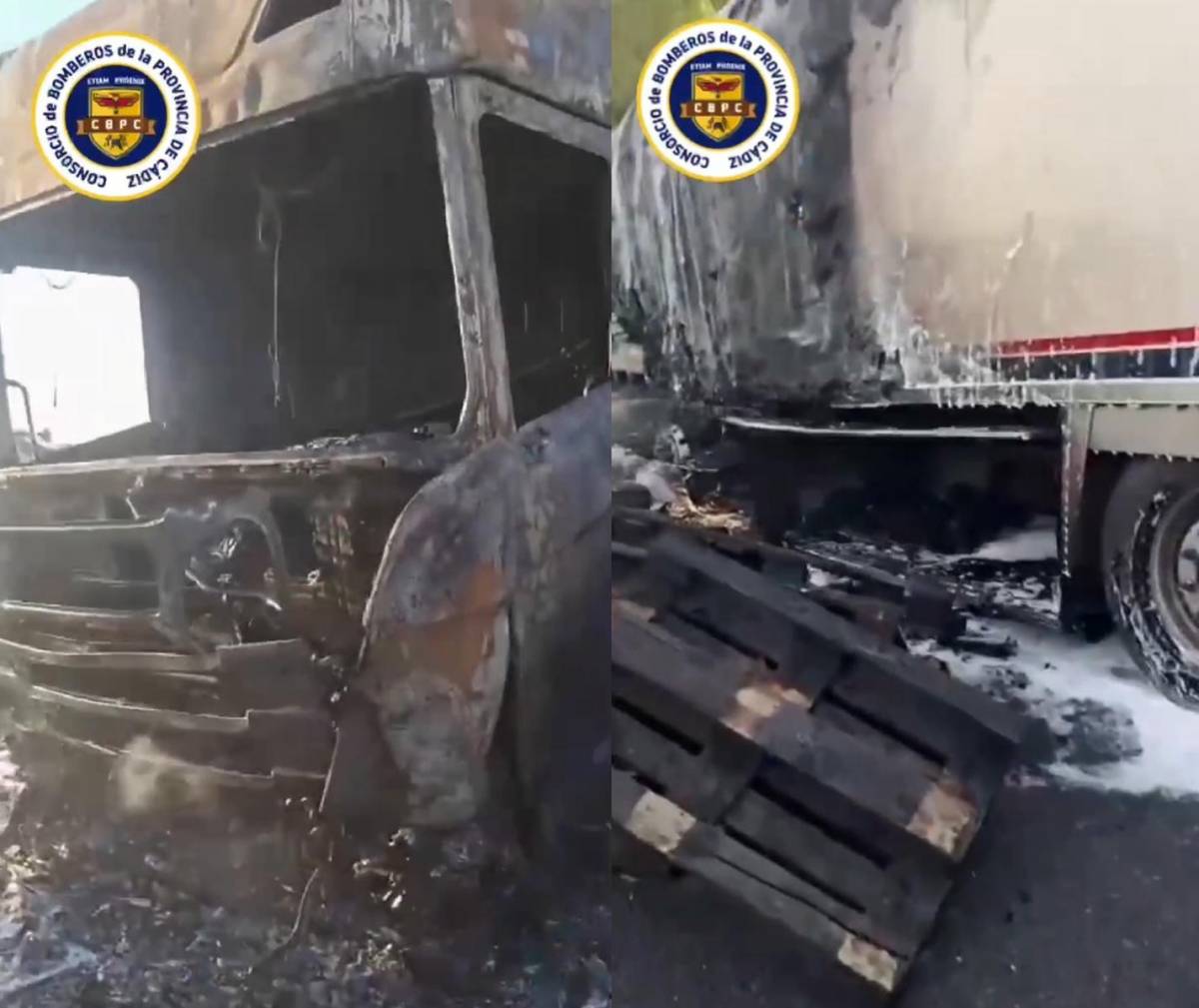 VÍDEO | Así ha quedado el camión frigorífico calcinado en la AP-4 a la altura de Jerez que provocó fuertes atascos durante horas