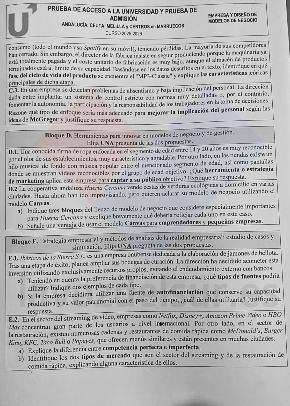 El examen de Empresa en la PAU de Andalucía 2026
