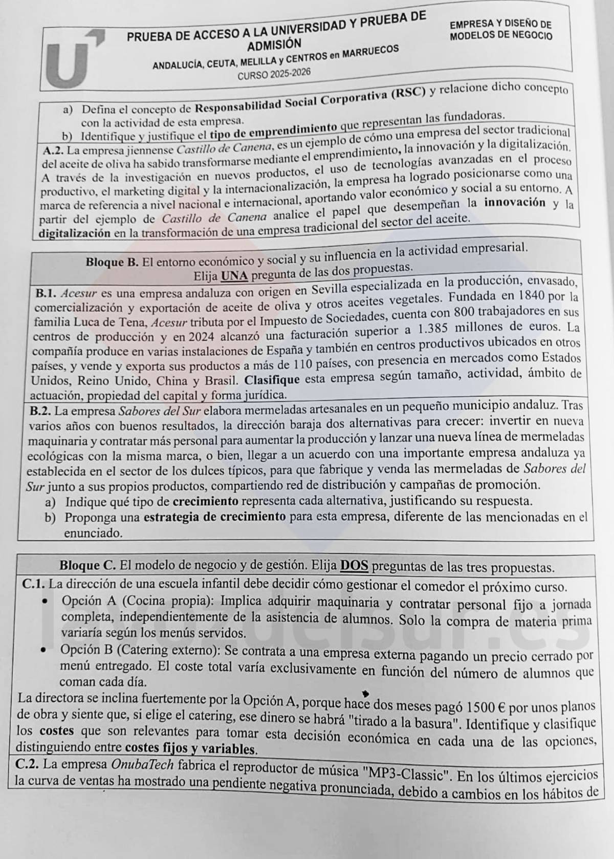 El examen de Empresa en la PAU de Andalucía 2026
