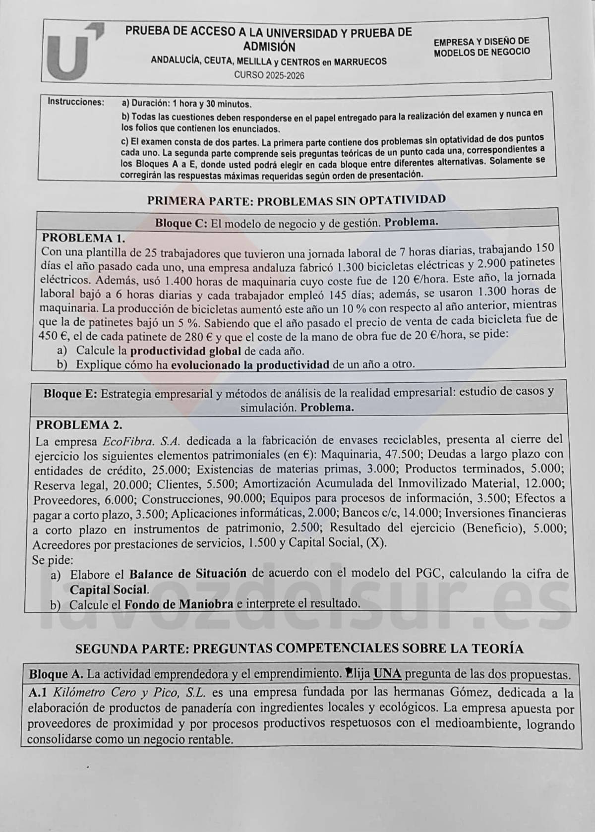 El examen de Empresa en la PAU de Andalucía 2026