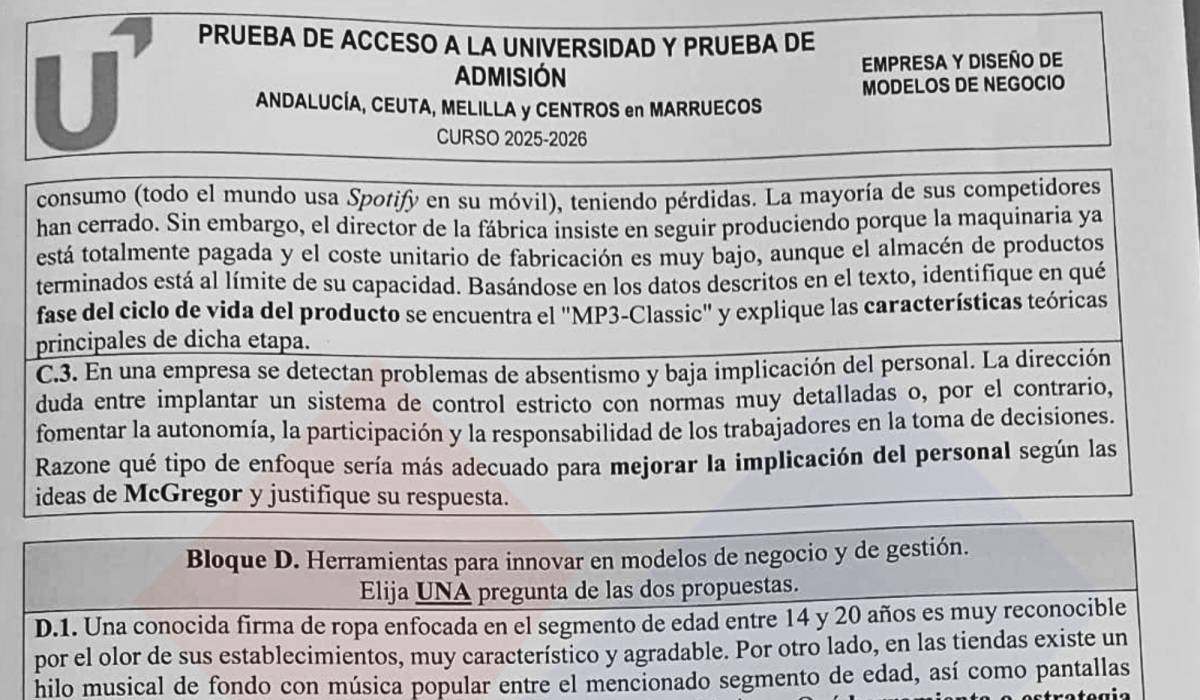 PAU junio 2026 Andalucía | Así ha sido el examen de Empresa y Diseño de Modelos de Negocios