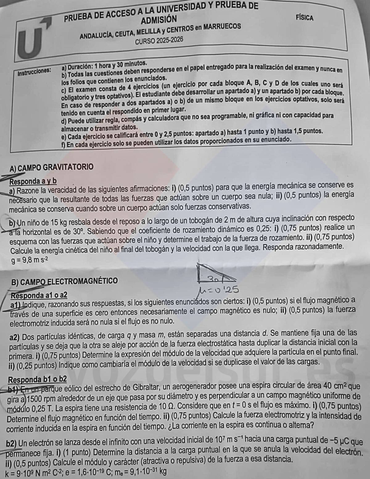 El examen de Física en la PAU 2026 de Andalucía.