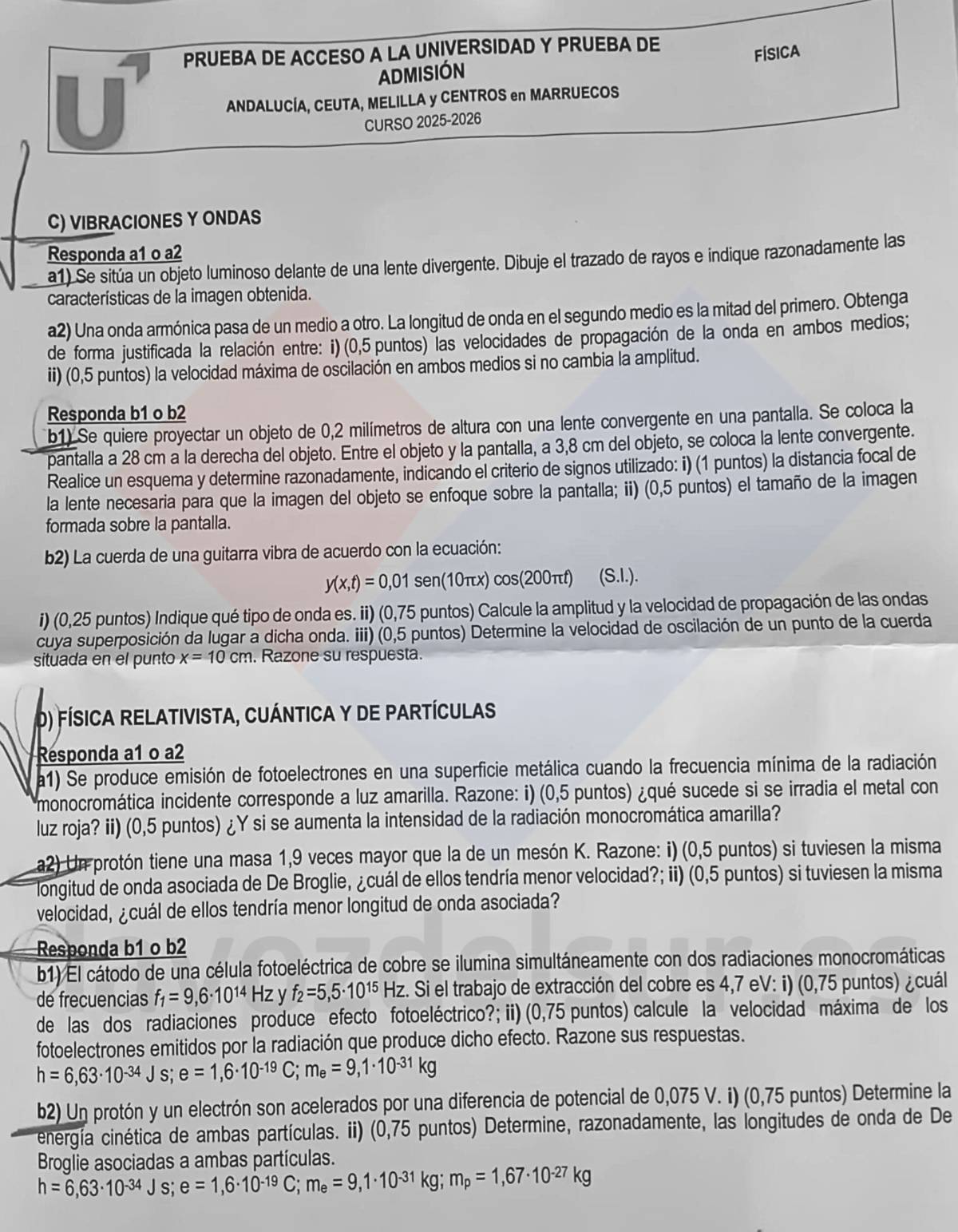 El examen de Física en la PAU 2026 de Andalucía.