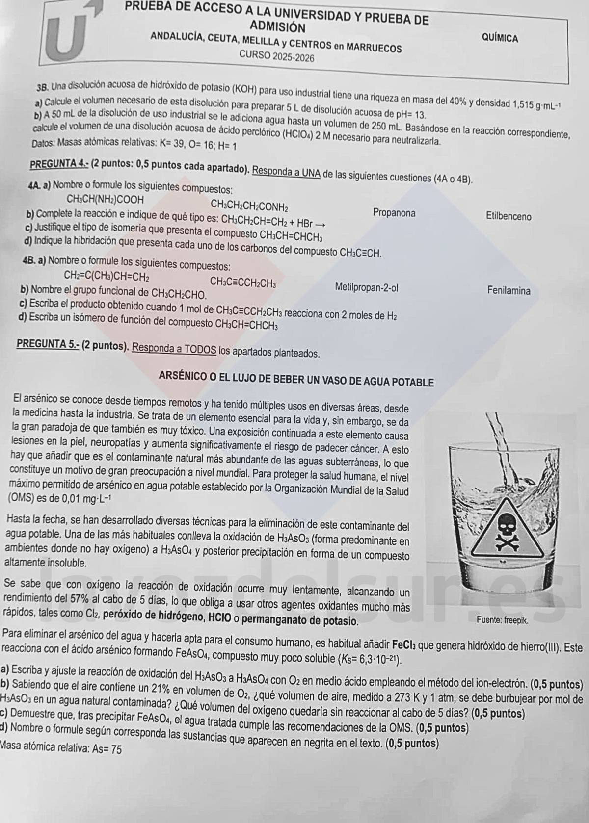 Examen de Química en la PAU 2026 de Andalucía.