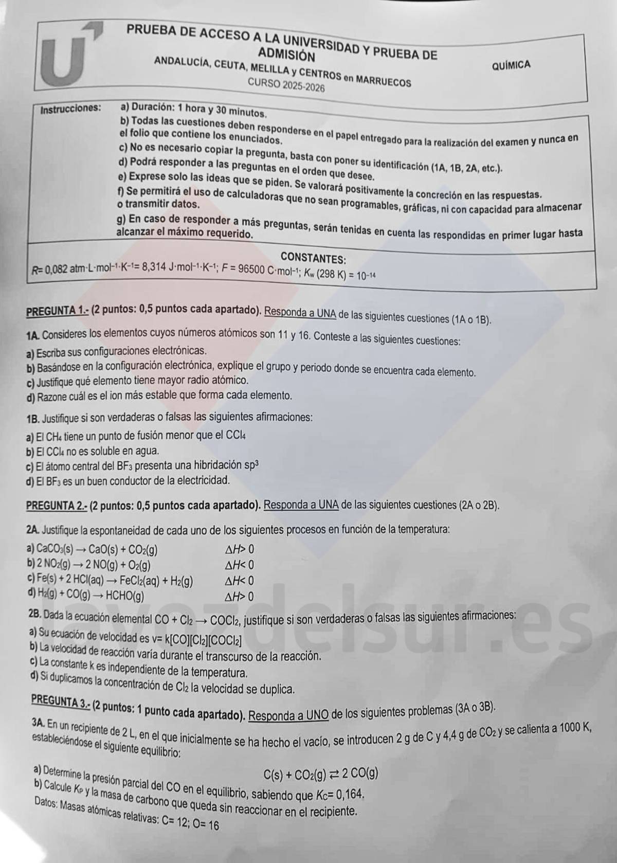 Examen de Química en la PAU 2026 de Andalucía.