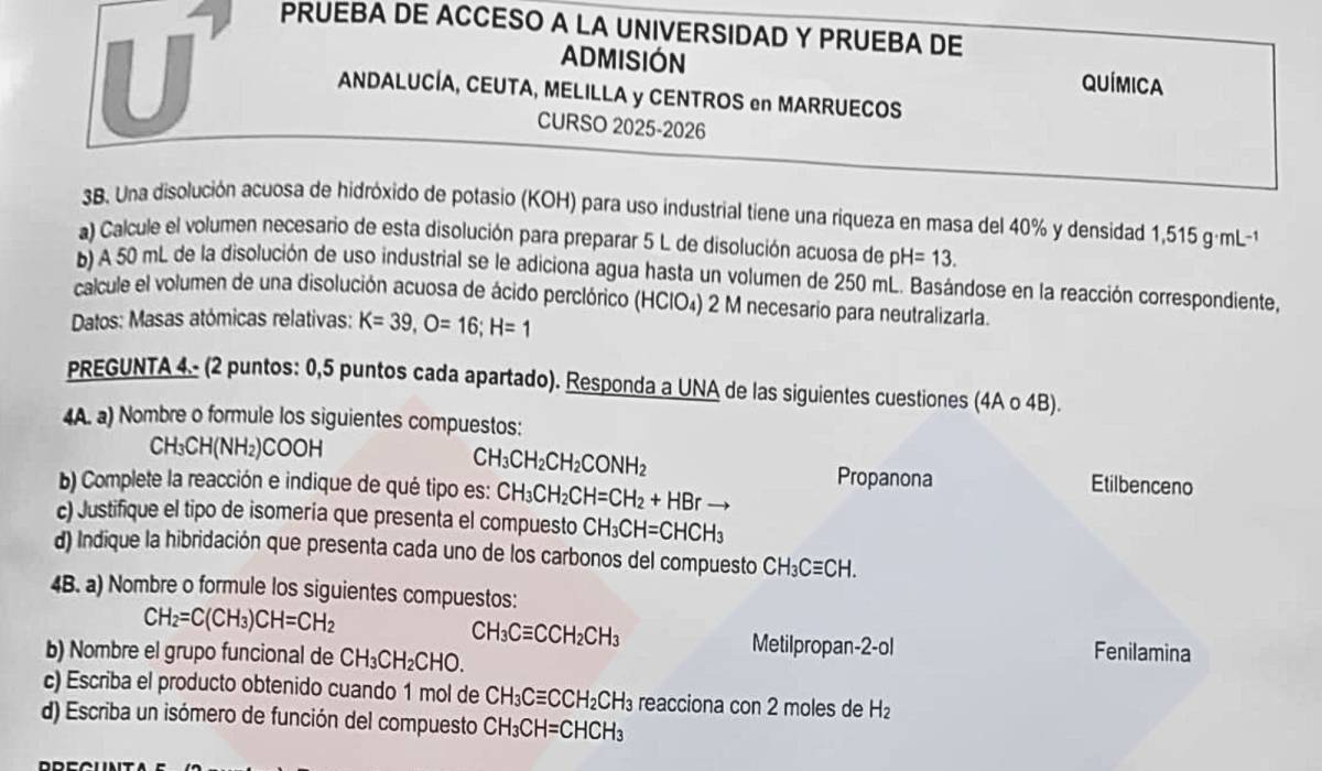 PAU junio 2026 Andalucía | Ya puedes consultar el examen completo de Química