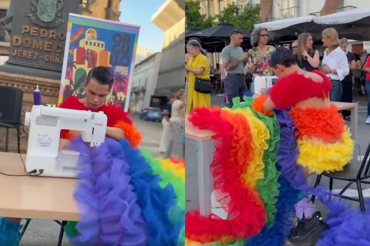 Más de 400 metros de tul en plena calle Larga: José Perea cose la gran bandera del Orgullo de Jerez