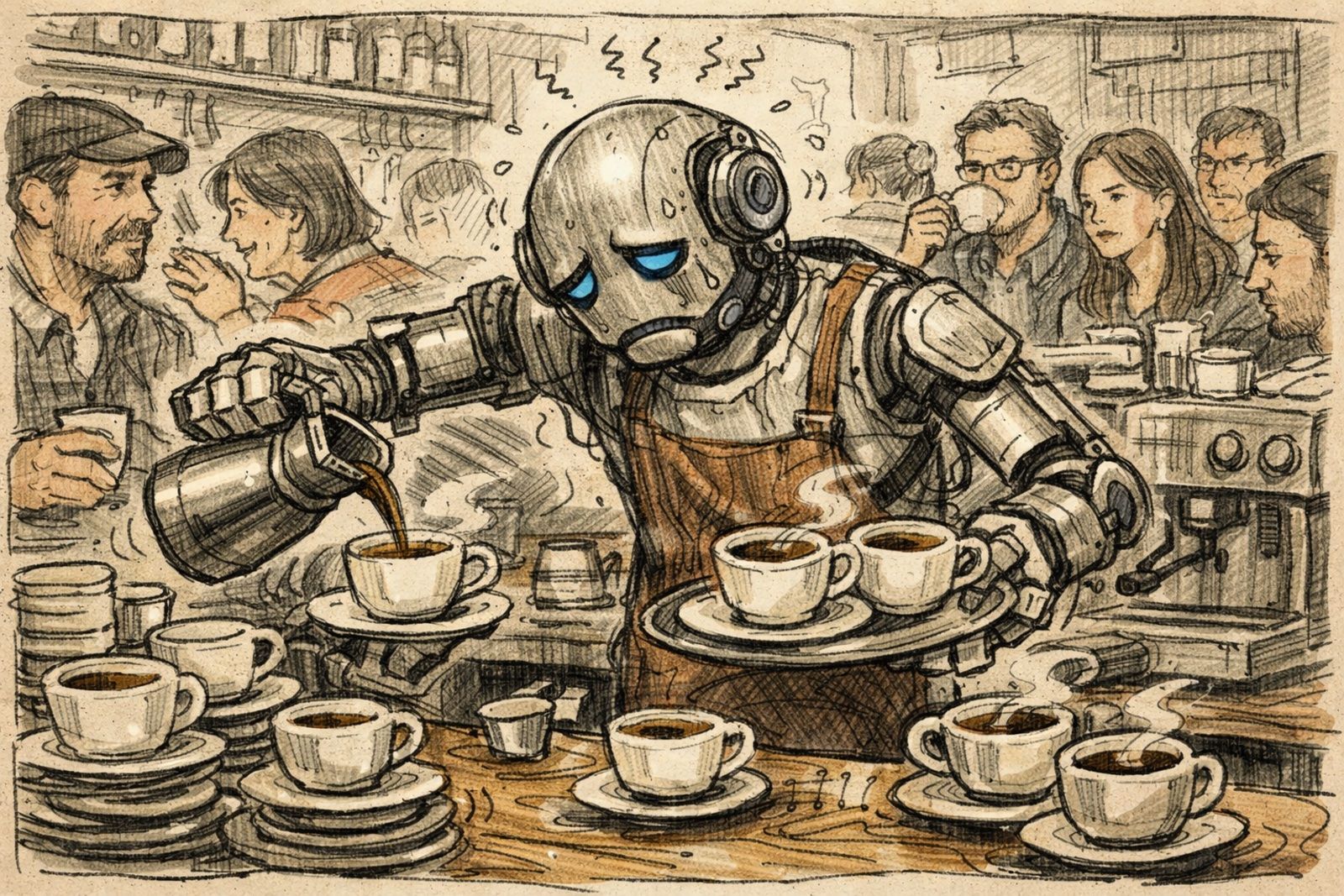Un robot sirviendo cafés, en una ilustración hecha con IA para este artículo. - 