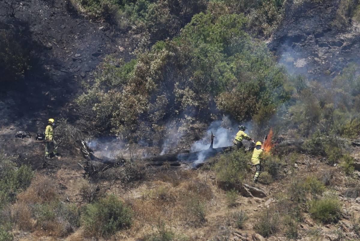 Efectivos de los servicios de Bomberos trabajan en el incendio de la localidad de Gibraleón este miércoles. - José Manuel Vidal | EFE