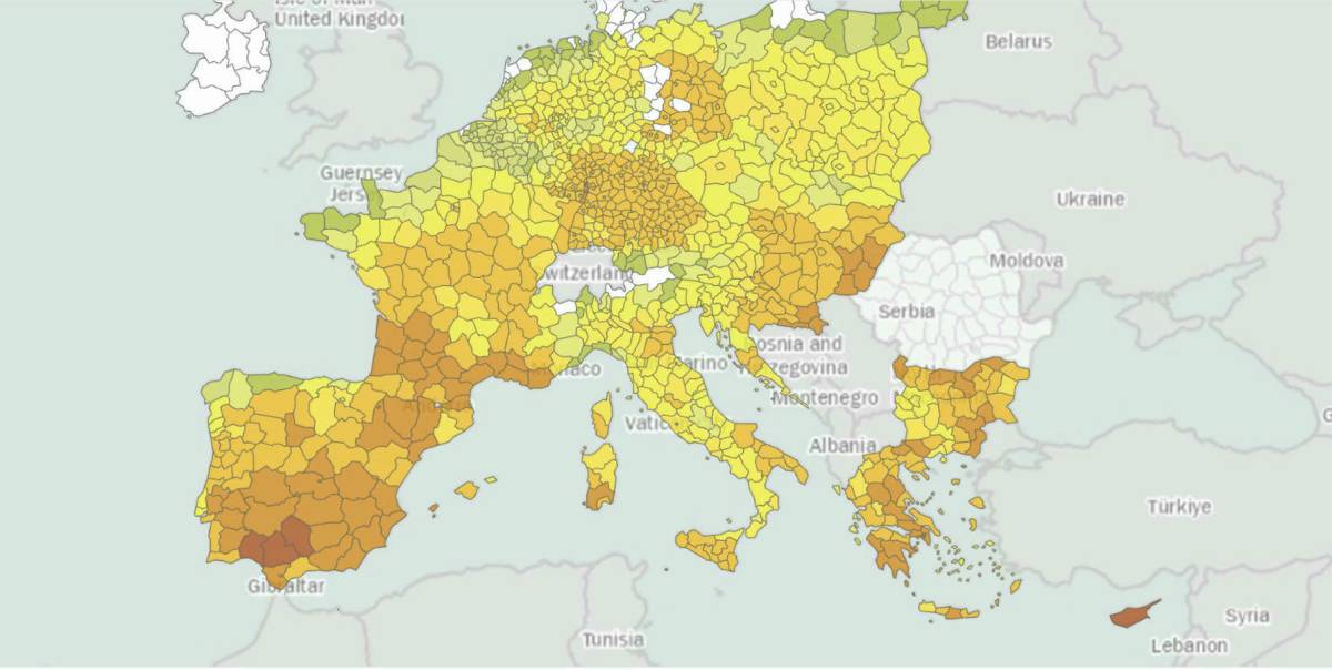 El mapa de calor en las aulas elaborado por el Observatorio Europeo del Clima y la Salud.