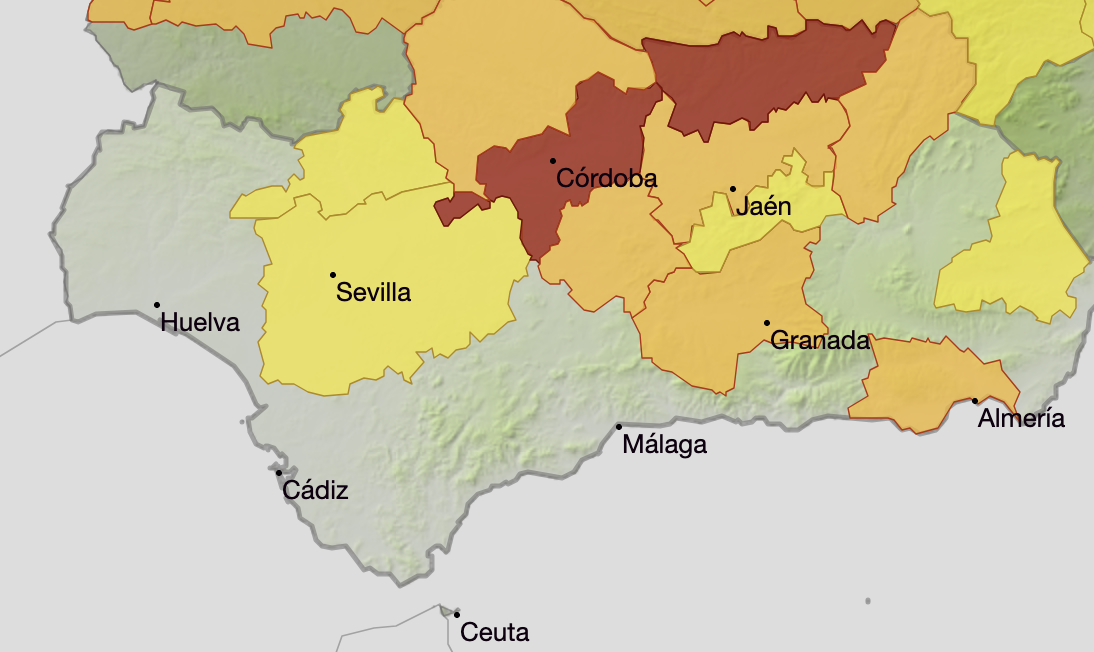 Mapa de Aemet con los avisos por calor para la jornada del martes.