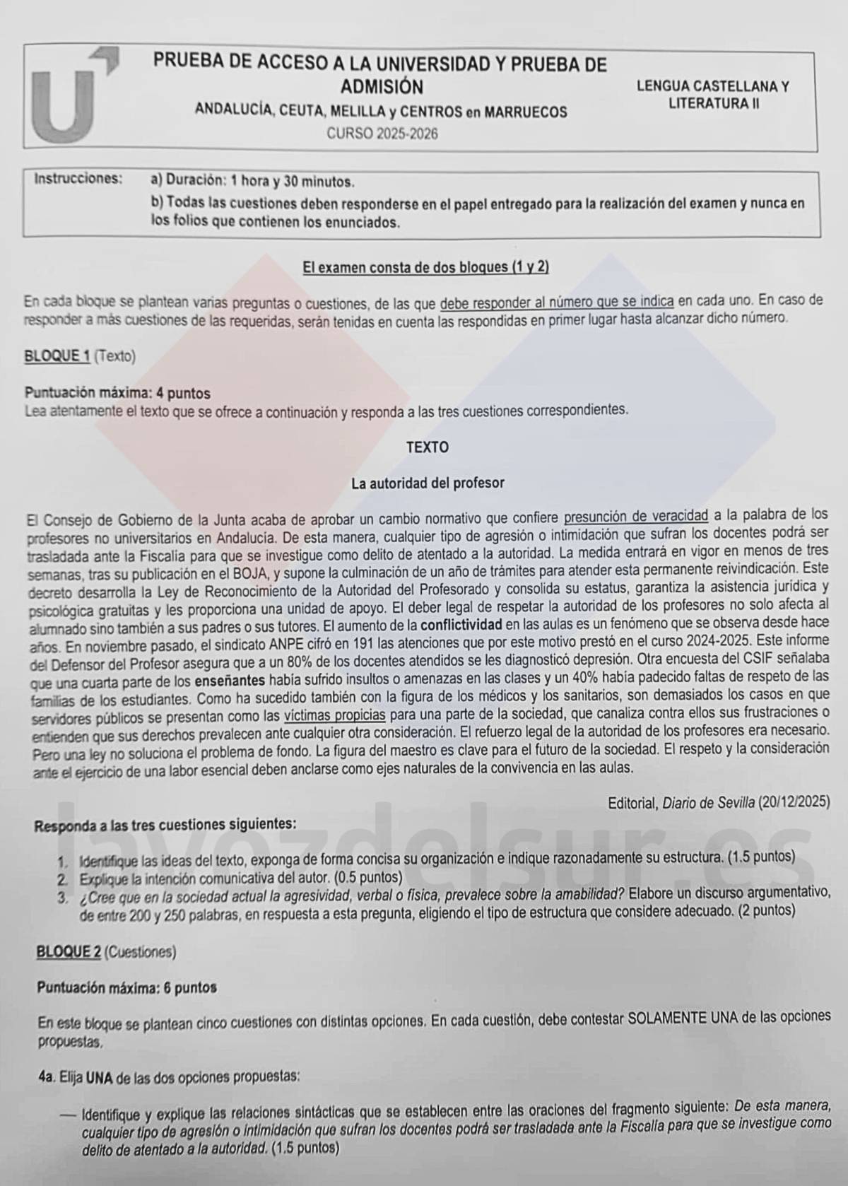 Una de las hojas del examen de Lengua. - Una de las hojas del examen de Lengua.