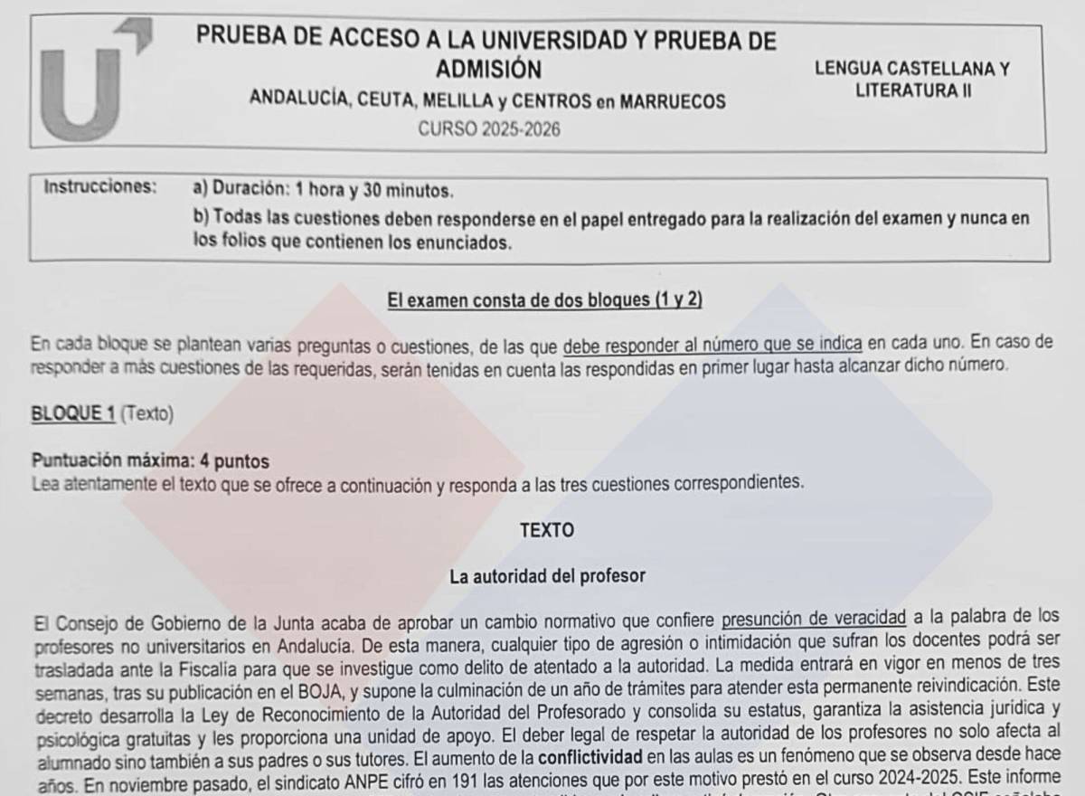 PAU Andalucía extraordinaria de junio 2026: consulta el examen de Lengua