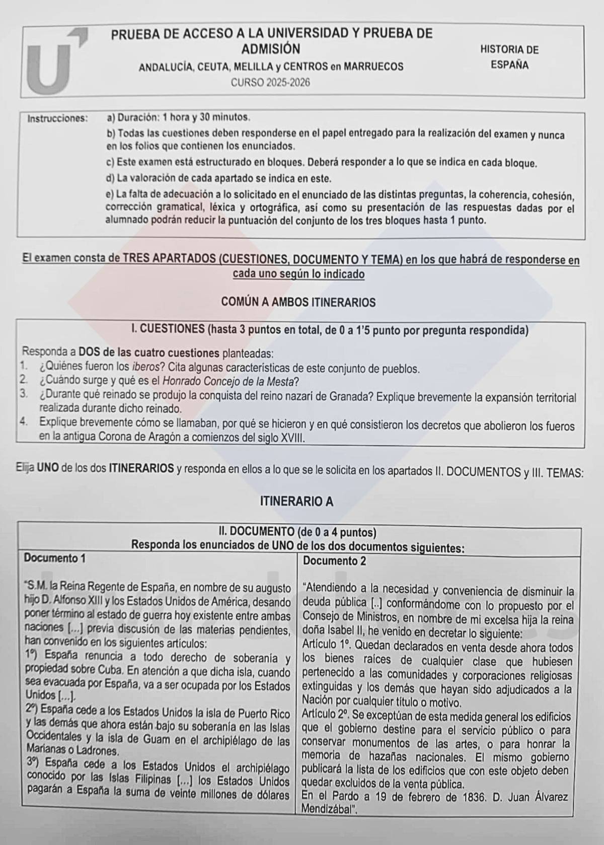 Una de las hojas del examen de historia. - Una de las hojas del examen de historia.