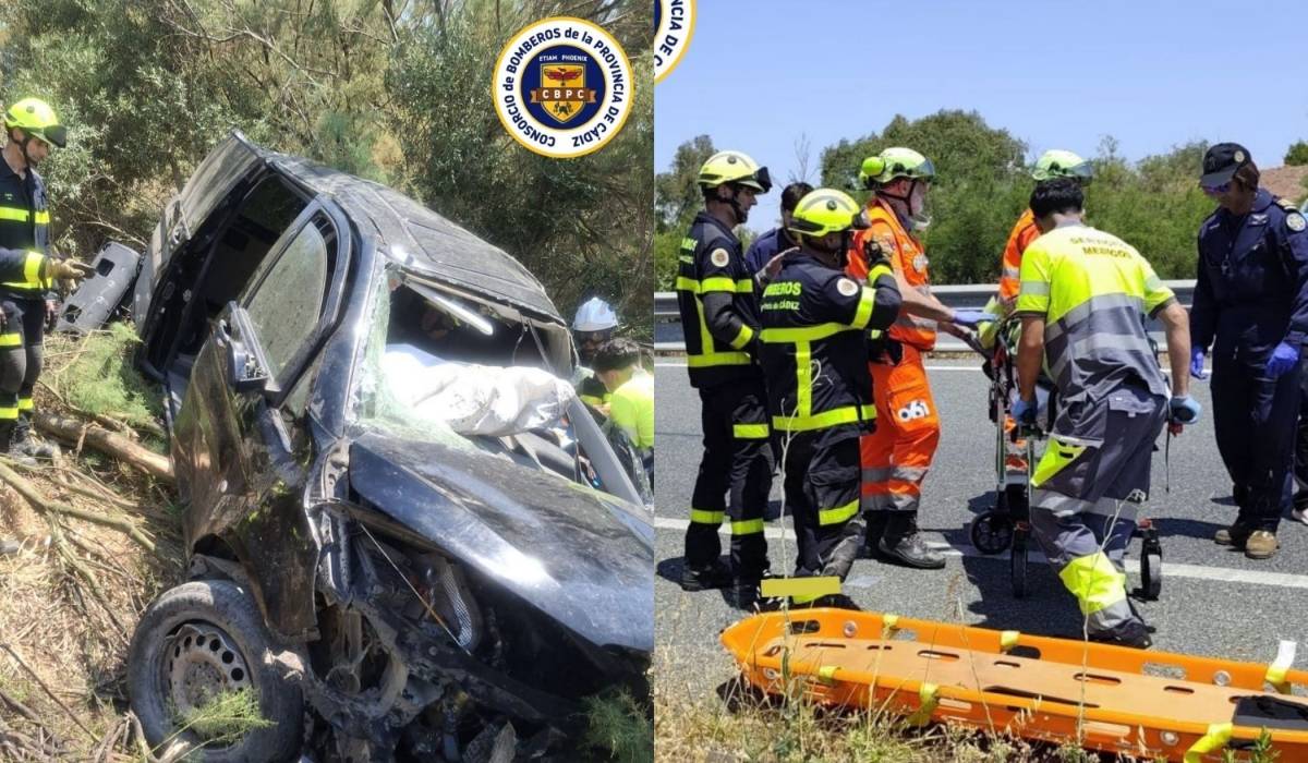 Trasladado en helicóptero con fractura y golpe de calor el herido a la entrada de Jerez: el coche cayó a un terraplén