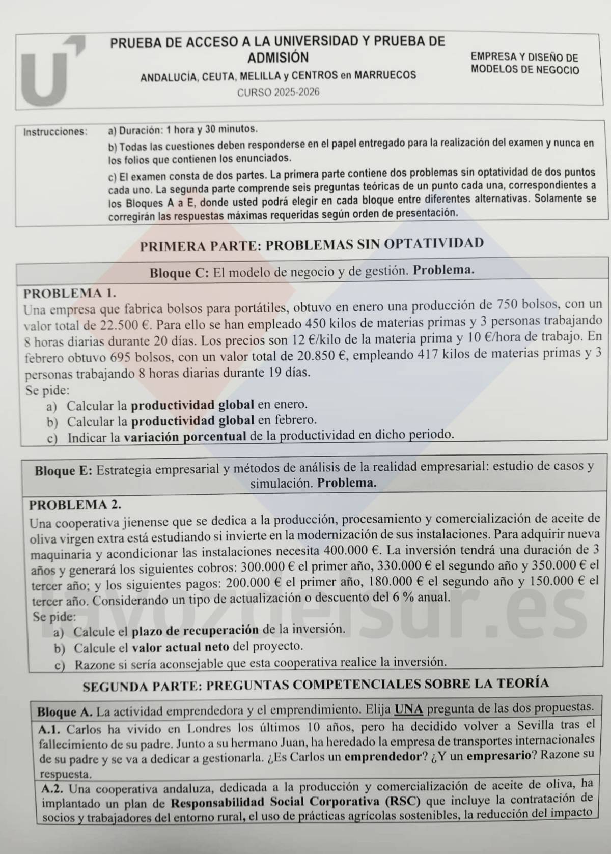 Examen de Empresa y Diseño de Modelos de Negocio de la PAU Extraordinaria - Examen de Empresa y Diseño de Modelos de Negocio de la PAU Extraordinaria