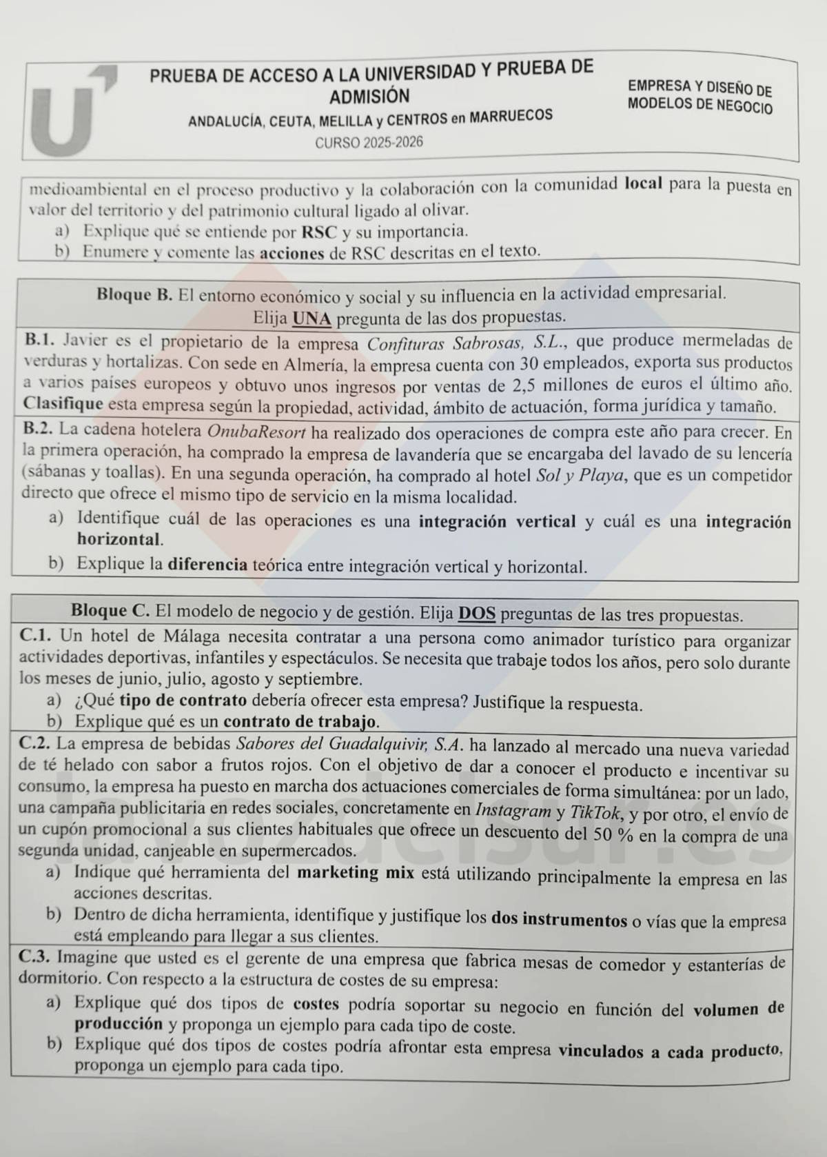 Examen de Empresa y Diseño de Modelos de Negocio de la PAU Extraordinaria - Examen de Empresa y Diseño de Modelos de Negocio de la PAU Extraordinaria