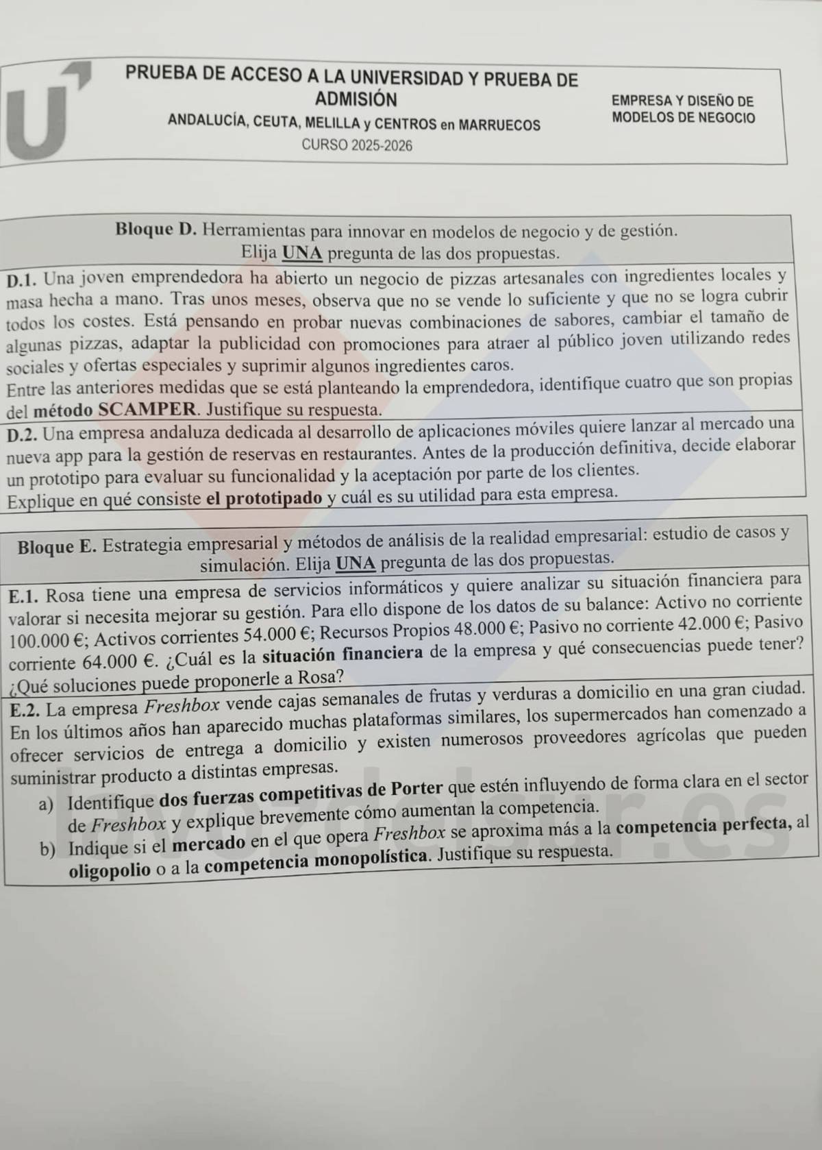 Examen de Empresa y Diseño de Modelos de Negocio de la PAU Extraordinaria - Examen de Empresa y Diseño de Modelos de Negocio de la PAU Extraordinaria