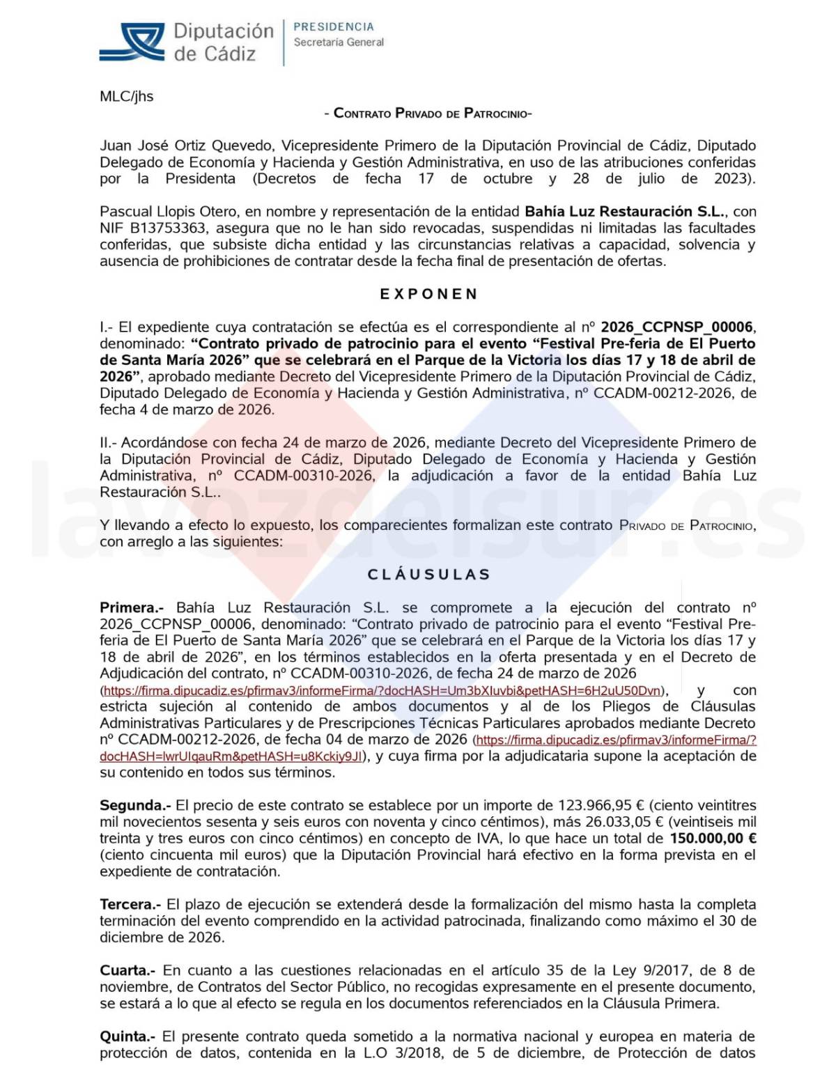 El contrato de patrocinio de la Pre-Feria.