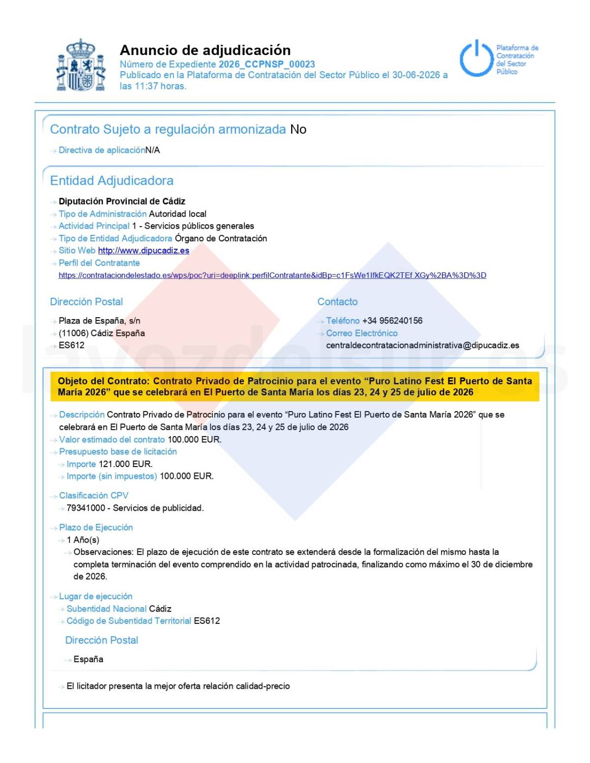 El patrocinio, en la Plataforma de Contratación.