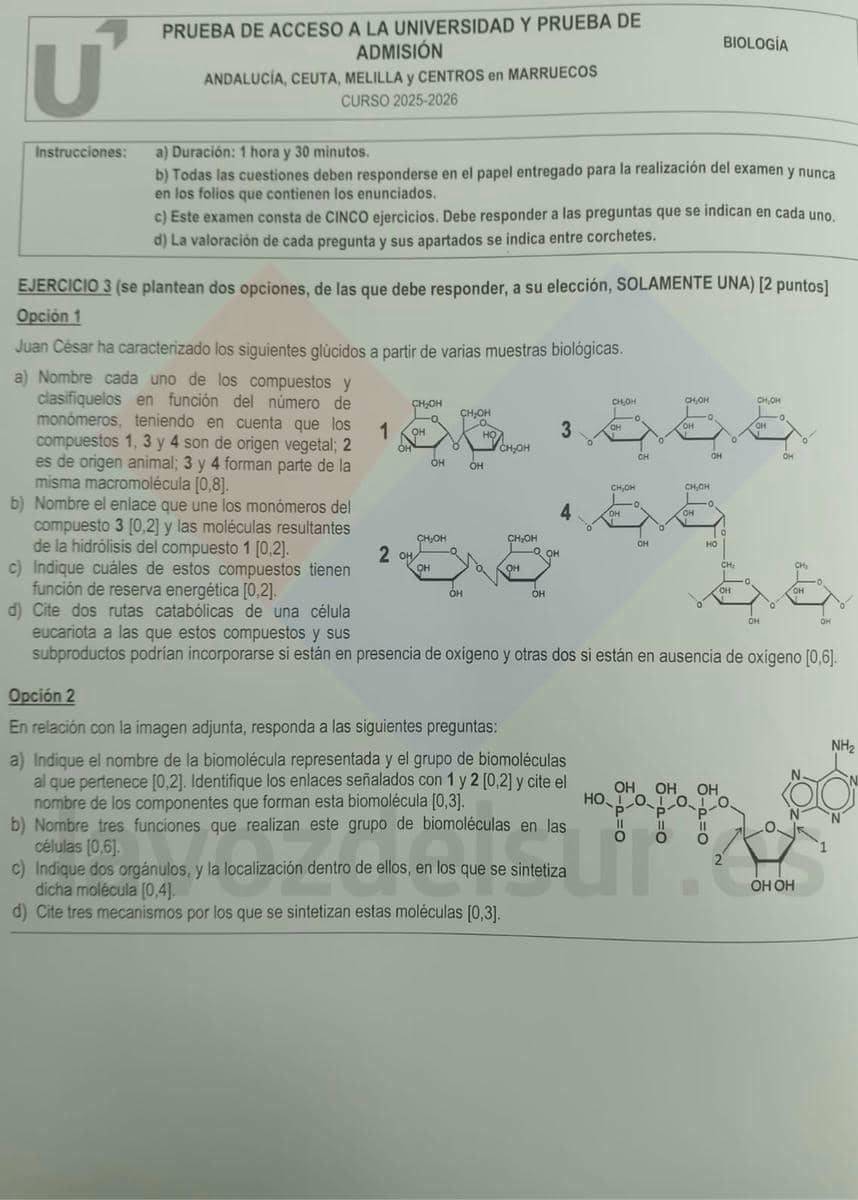 examen PAU 2026 extraordinaria Biología Andalucía